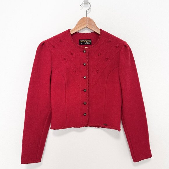 Vintage Geiger Tyrol Red Boiled Wool Puff Sleeve Jacket Made in Austria Size 38 - Picture 1 of 15